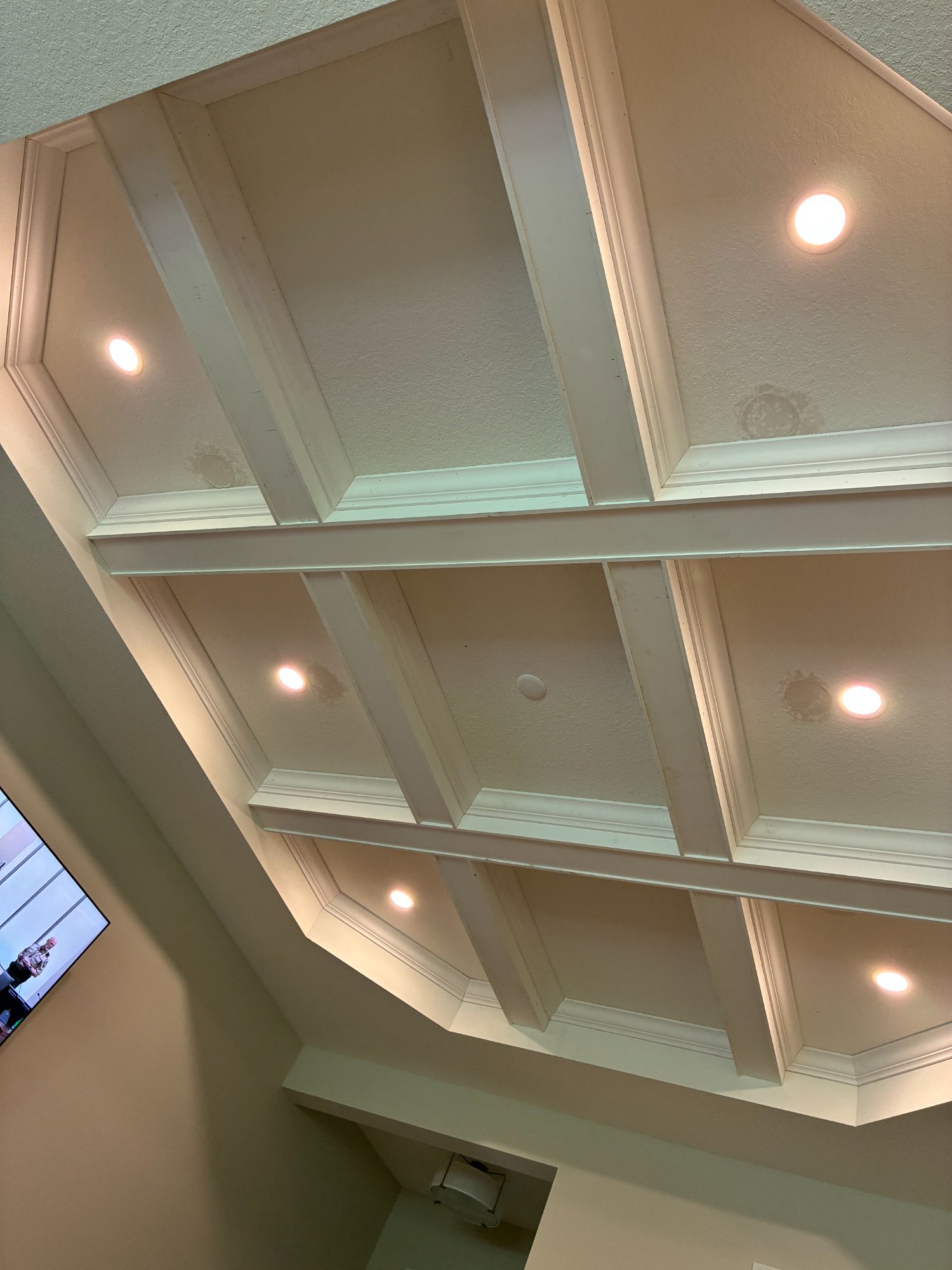 Coffered ceiling detail with recessed lights
